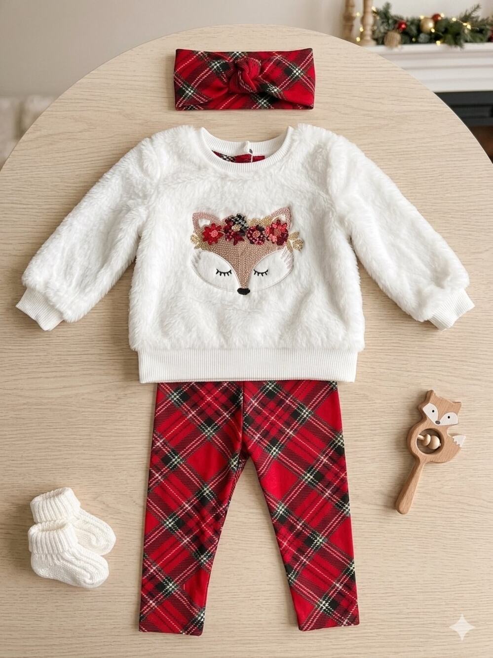 NEW! Btween Baby Toddler Girl Christmas Holiday 3PC Set 24M Red Fox Headband